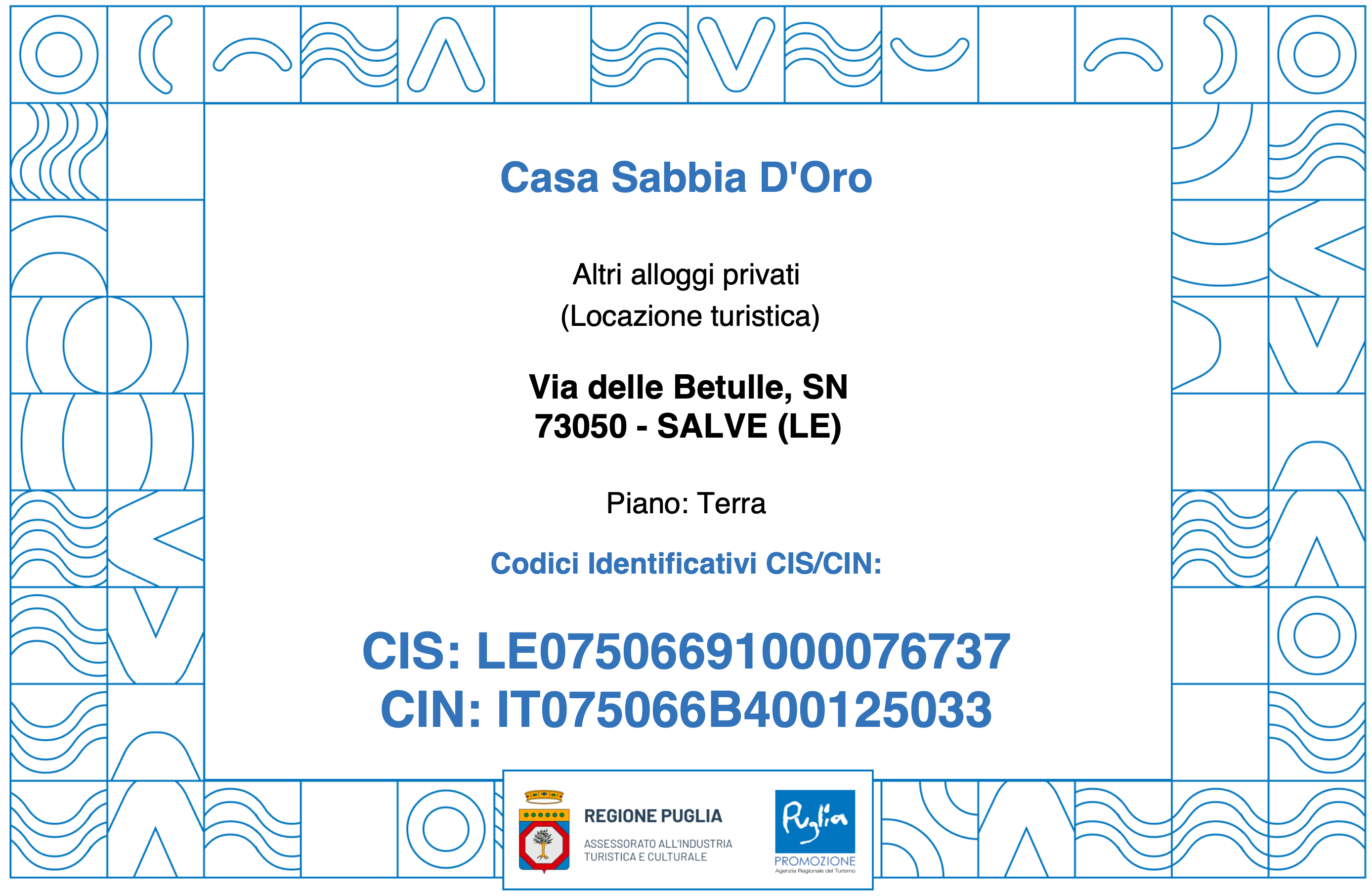 Certificato CIN IT75066B400125033 — Casa Sabbia Oro