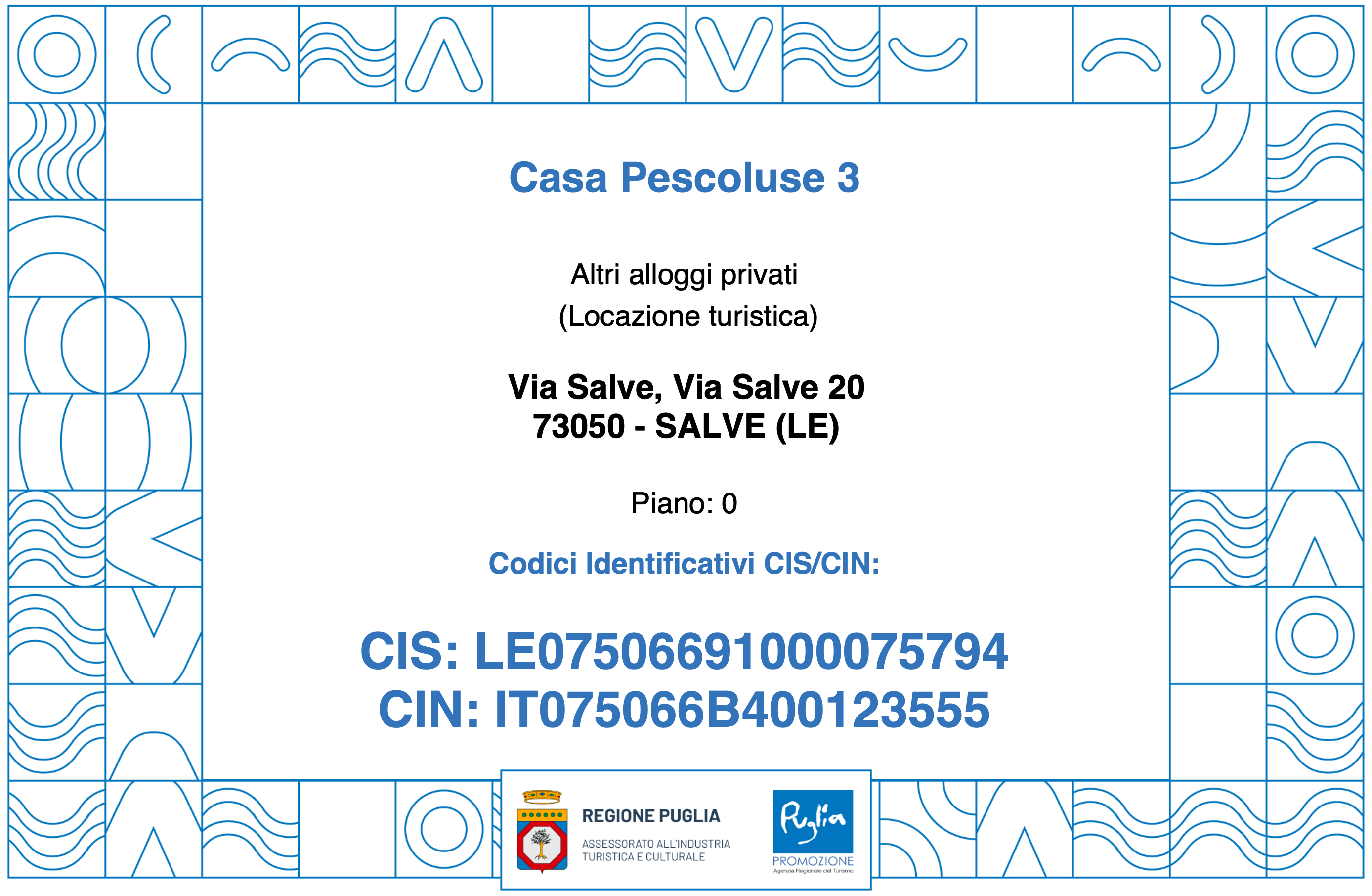 Certificato CIN IT075066B400123555 — Casa Pescoluse 3