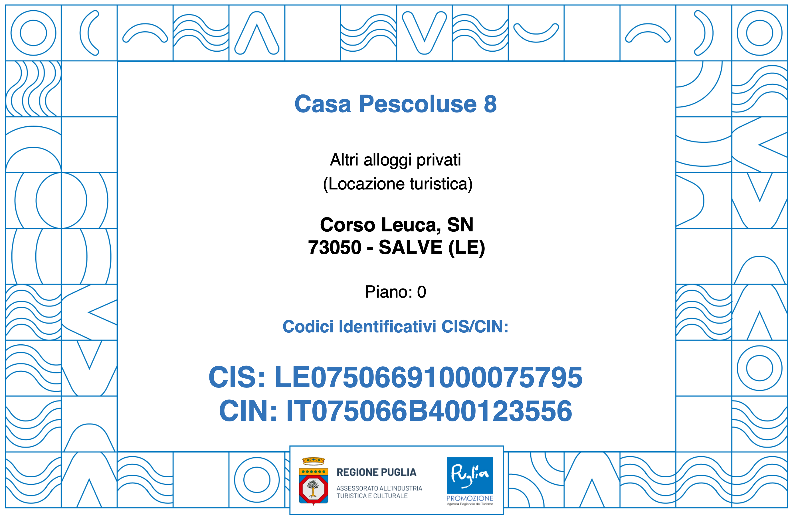 Certificato CIN IT075066B400123556 — Casa Pescoluse 8