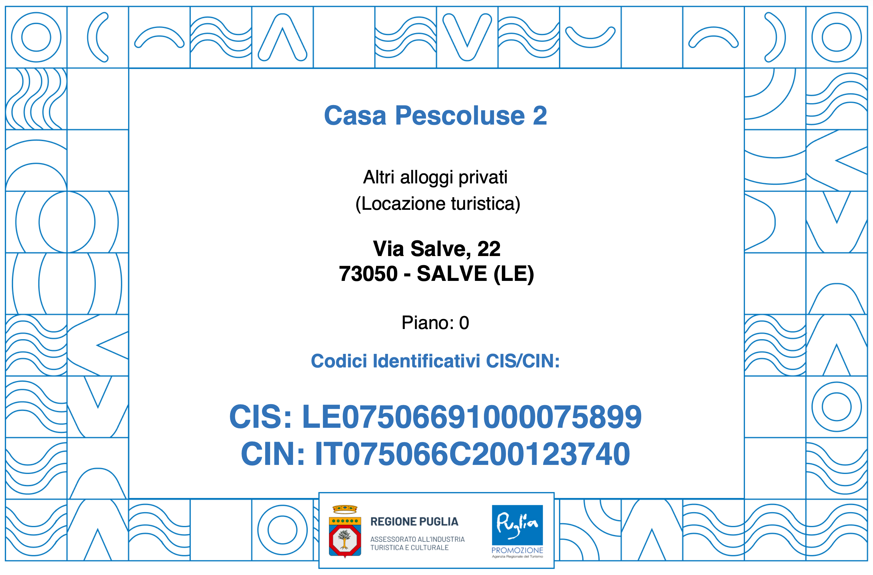 Certificato CIN IT075066C200123740 — Casa Pescoluse 2