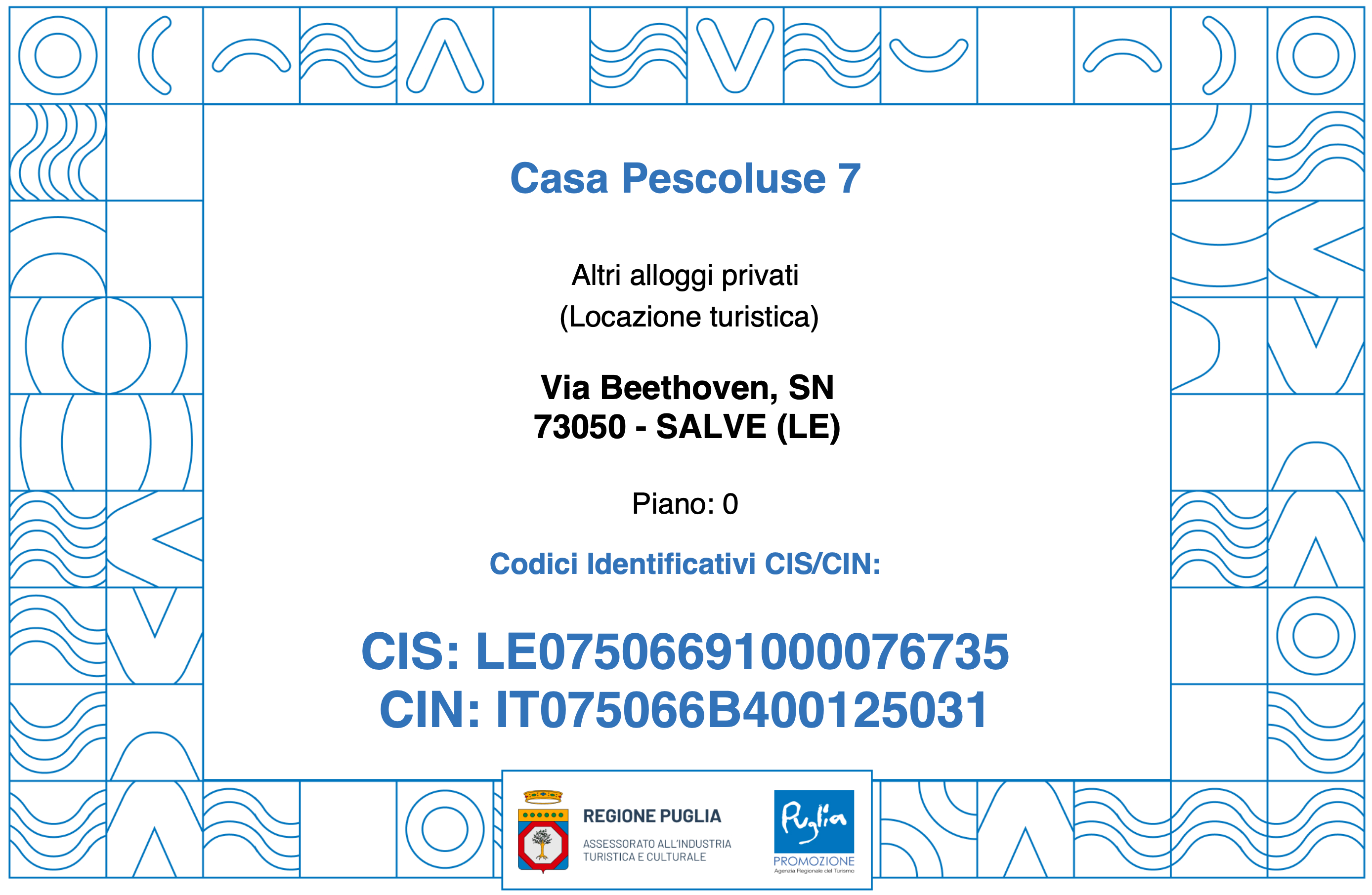 Certificato CIN IT075066B400125031 — Casa Pescoluse 7