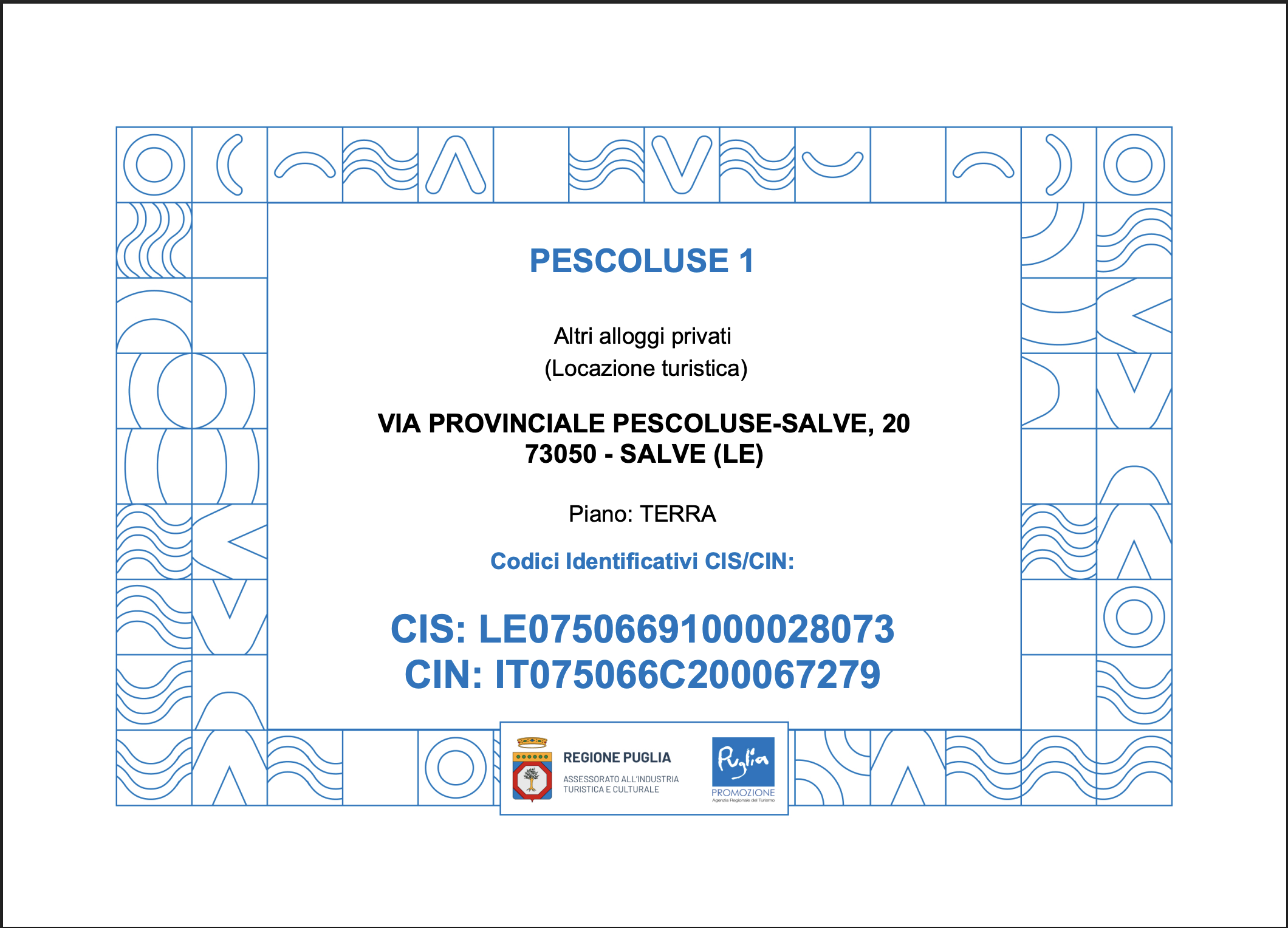 Certificato CIN IT075066C200067279 — Casa Pescoluse 1