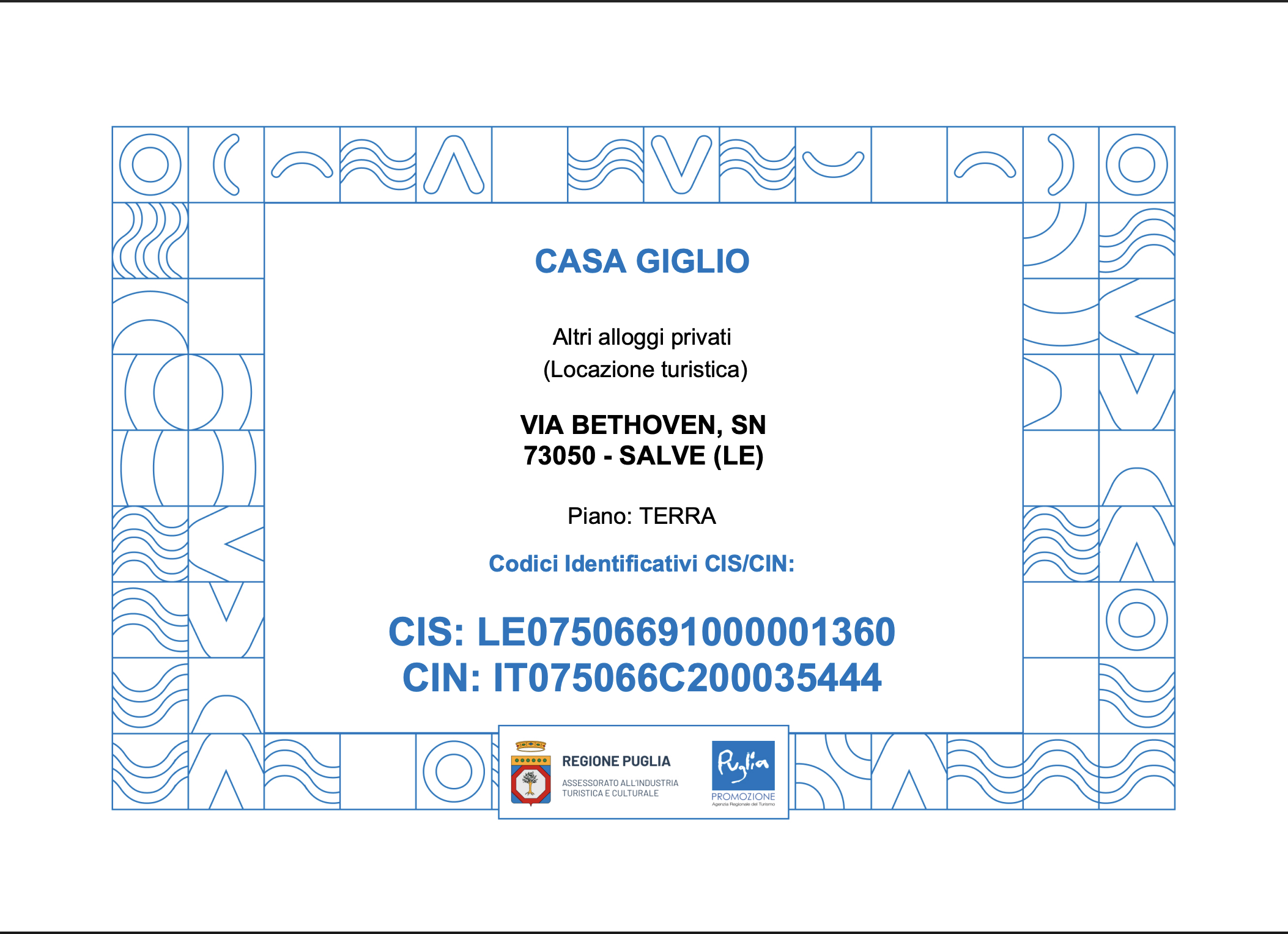 Certificato CIN IT075066C200035444 — Casa Giglio