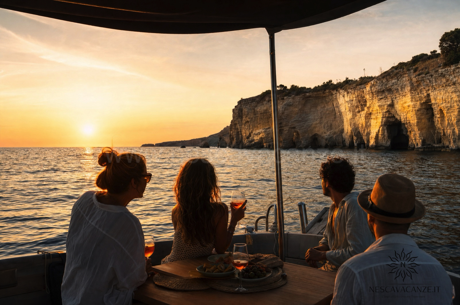 Escursione in barca al tramonto lungo la costa del Salento, con la luce dorata sul mare