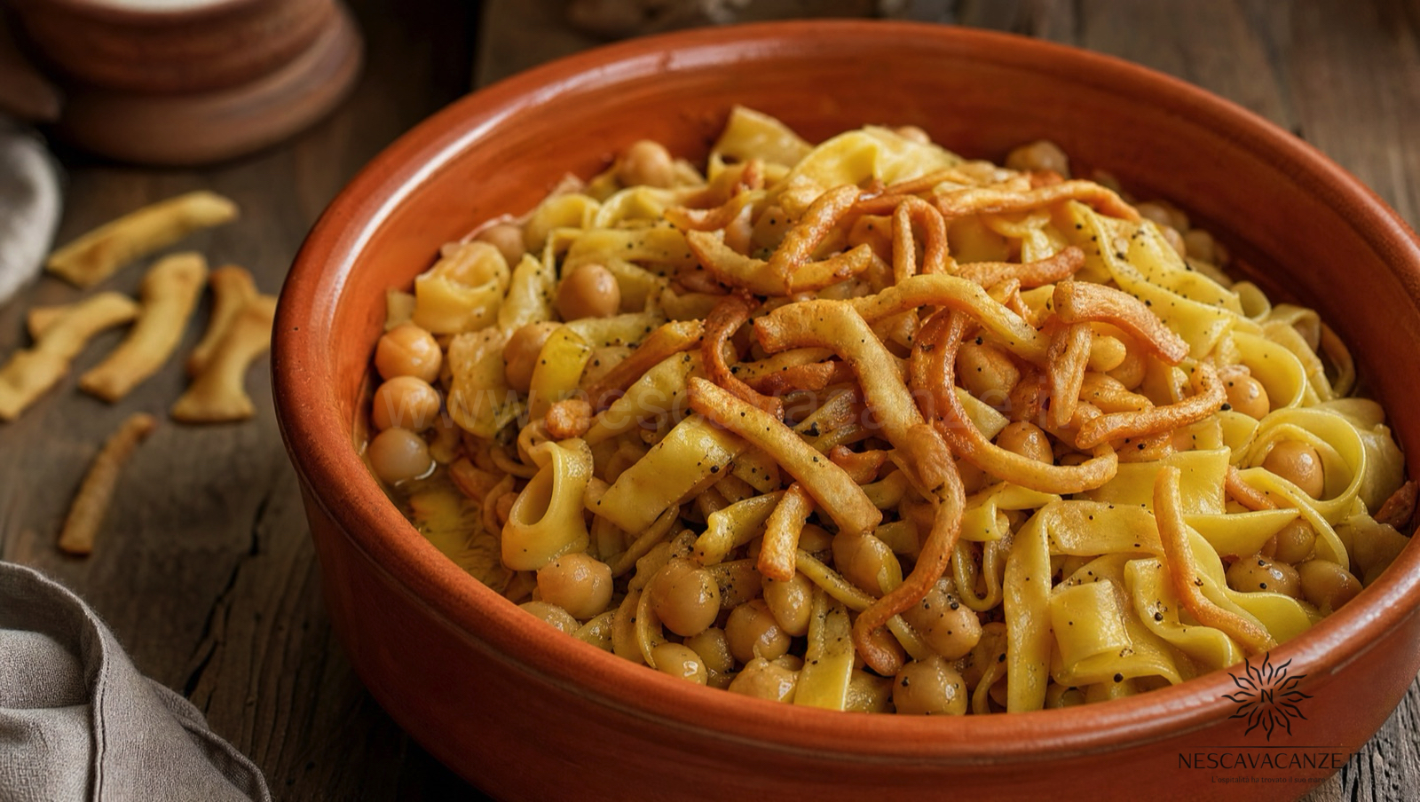 Ciceri e tria, pasta fresca all'uovo con i ceci in una ciotola di terracotta, con strisce di pasta fritta croccante sopra e una macinata di pepe nero