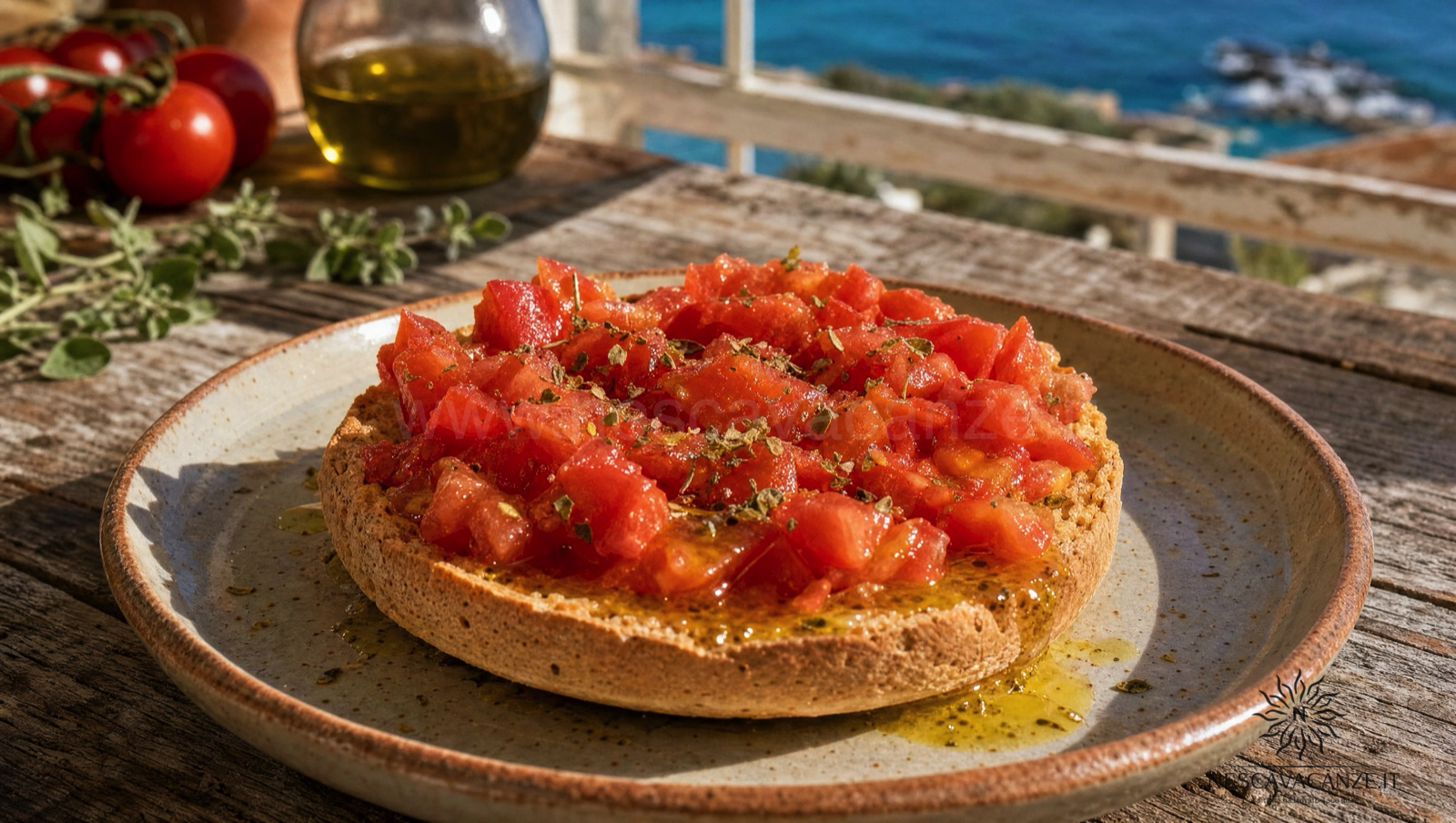Frisa salentina condita con pomodoro fresco, origano e olio extravergine, uno dei piatti dei banchi delle sagre