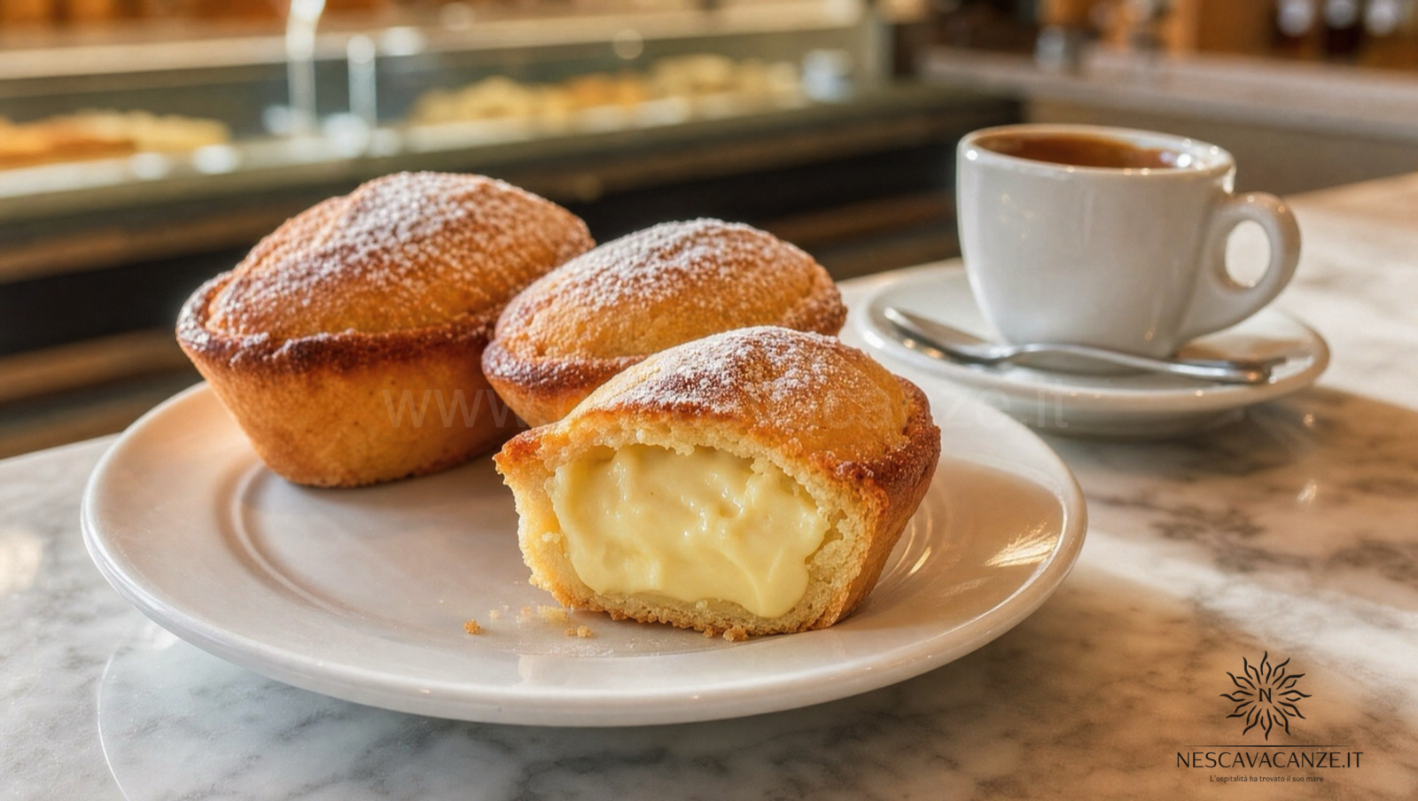 Pasticciotti leccesi appena sfornati con cuore di crema pasticcera, uno tagliato a metà, accanto a un caffè espresso sul bancone di marmo del bar