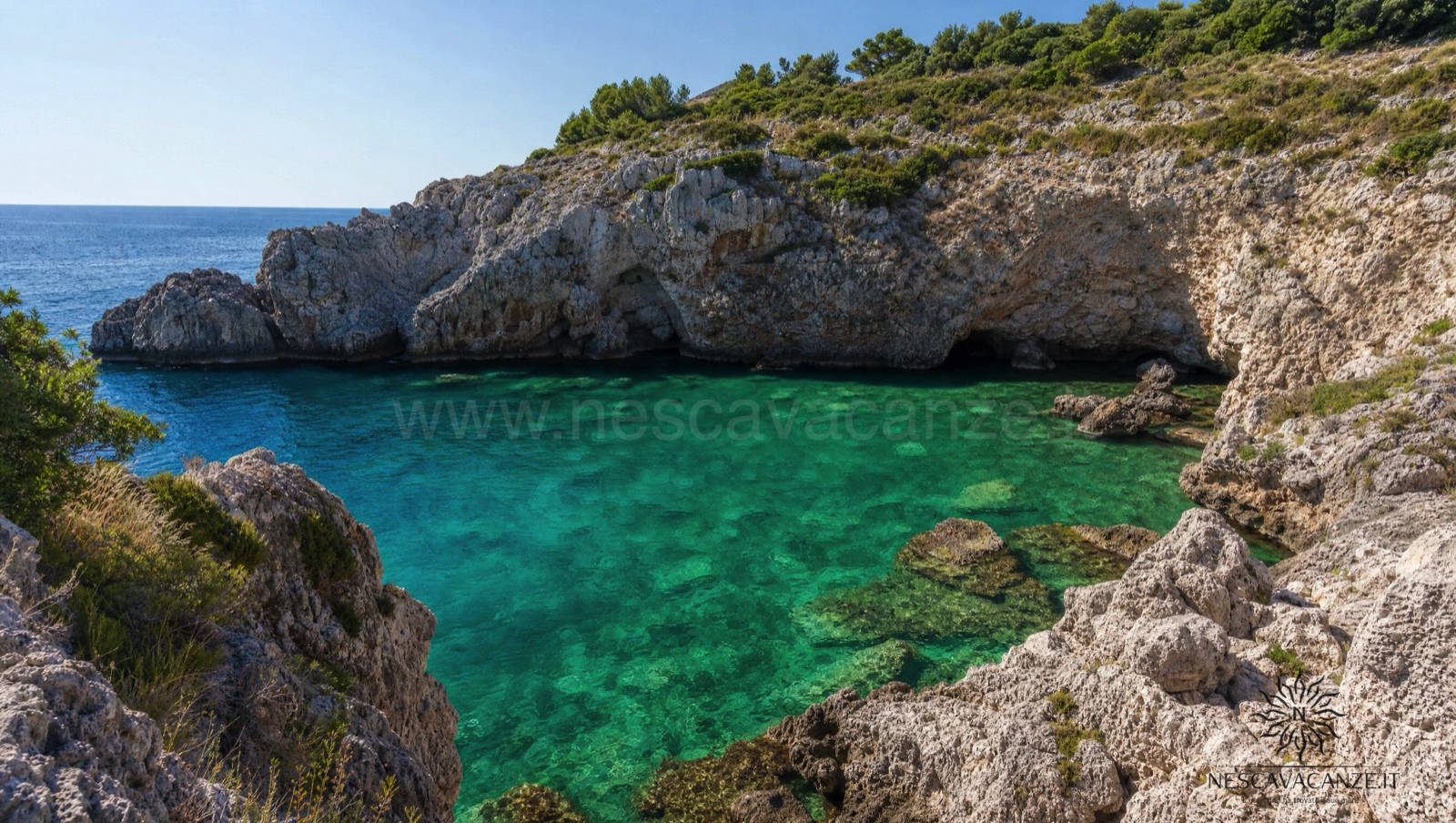 Cala dell'Acquaviva sulla costa adriatica del Salento, una piccola insenatura dalle acque verde smeraldo racchiusa tra scogliere bianche, ideale per lo snorkeling