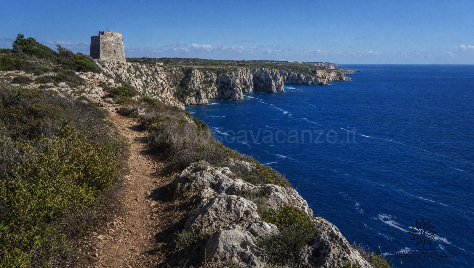 Sentiero costiero a Gagliano del Capo sulle falesie a strapiombo sul mare blu del Salento, con un'antica torre costiera e la macchia mediterranea