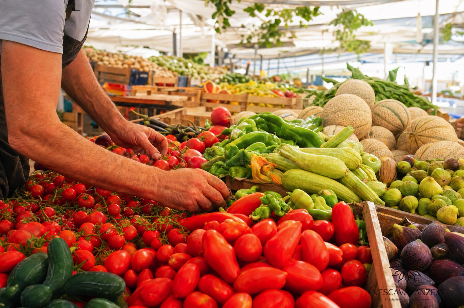 Banco di frutta e verdura fresca di stagione al mercato settimanale di un paese del Salento