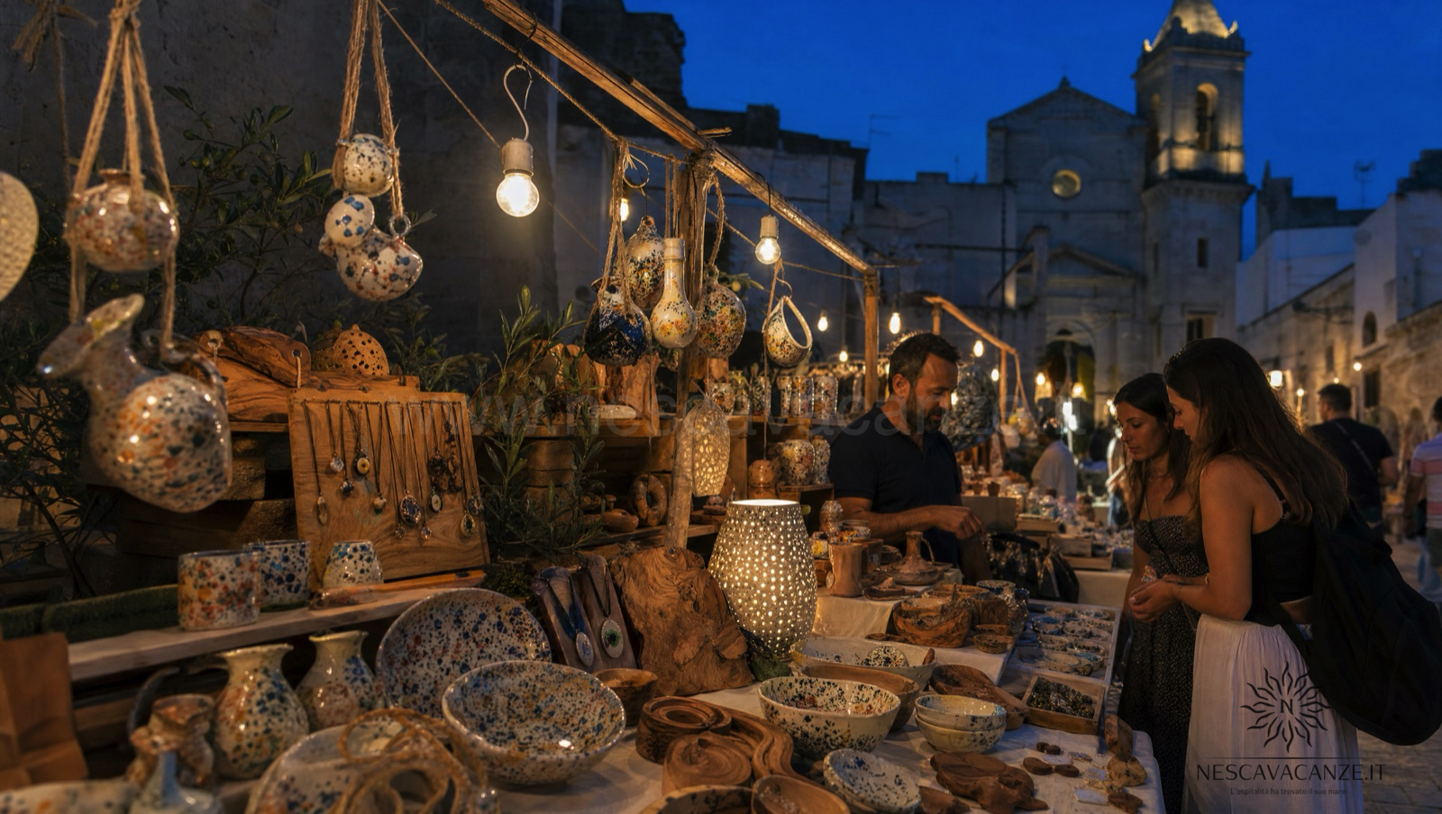 Bancarella del mercatino serale dell'artigianato illuminata da luci calde, con ceramiche dipinte e oggetti in legno d'ulivo, come al Parco dei Gigli di Pescoluse