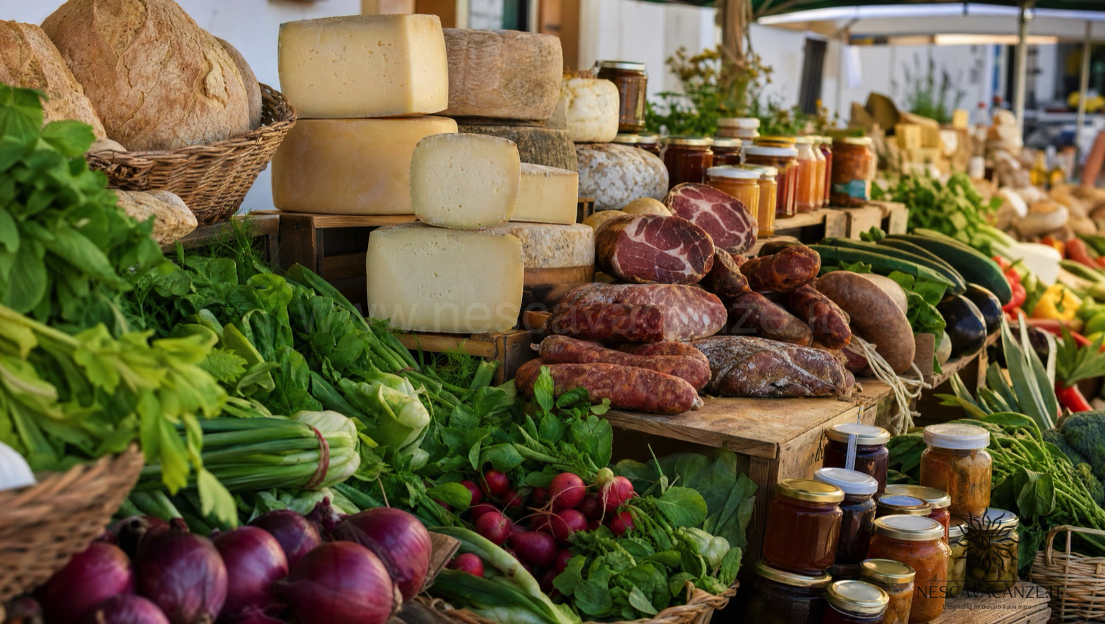 Banco di un mercato a chilometro zero con verdure fresche, formaggi e conserve, come quello di Campagna Amica del giovedì sera a Torre Vado