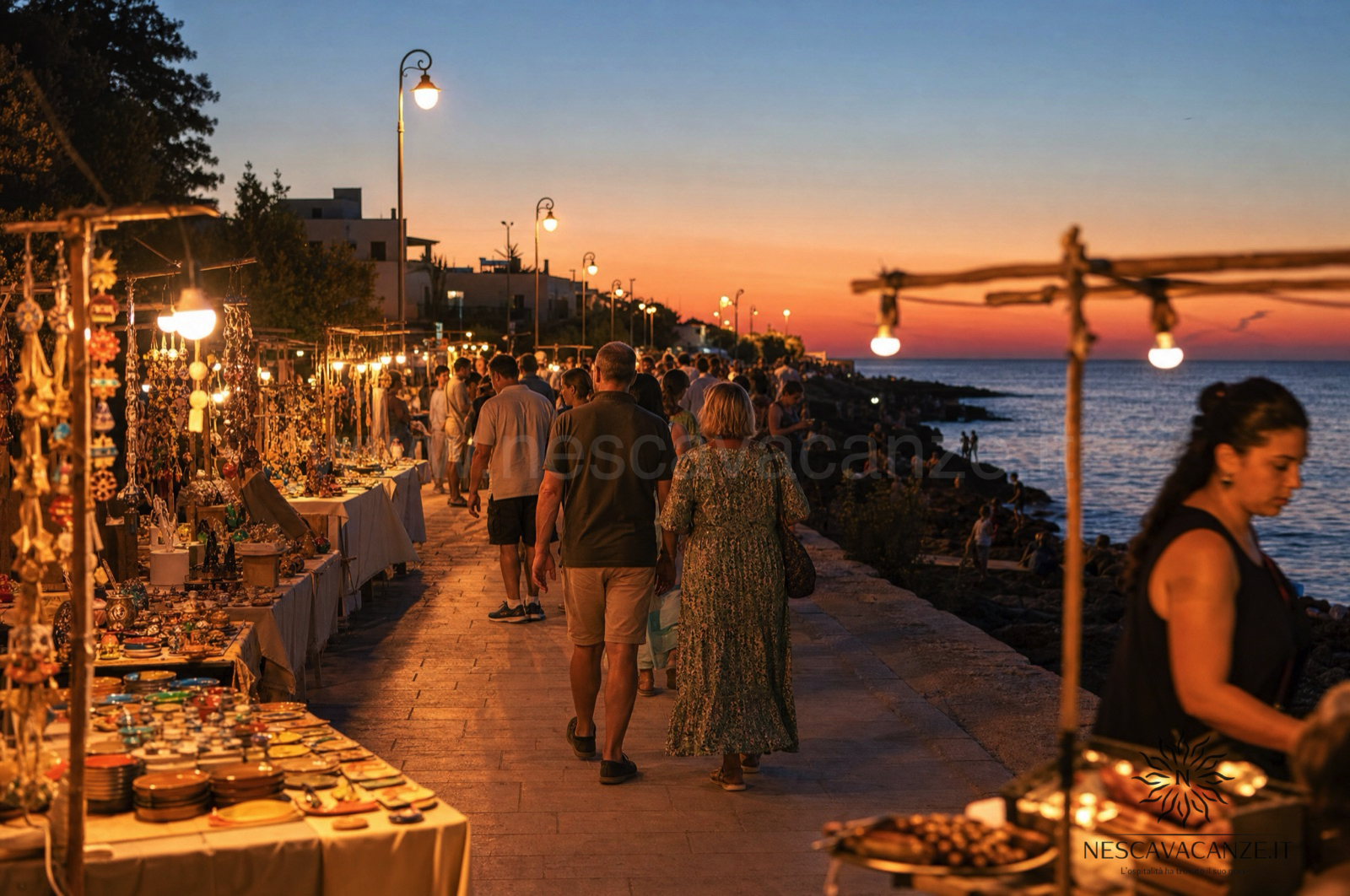 Mercatino serale estivo dell'artigianato e dello street food sul lungomare del Salento, illuminato di sera