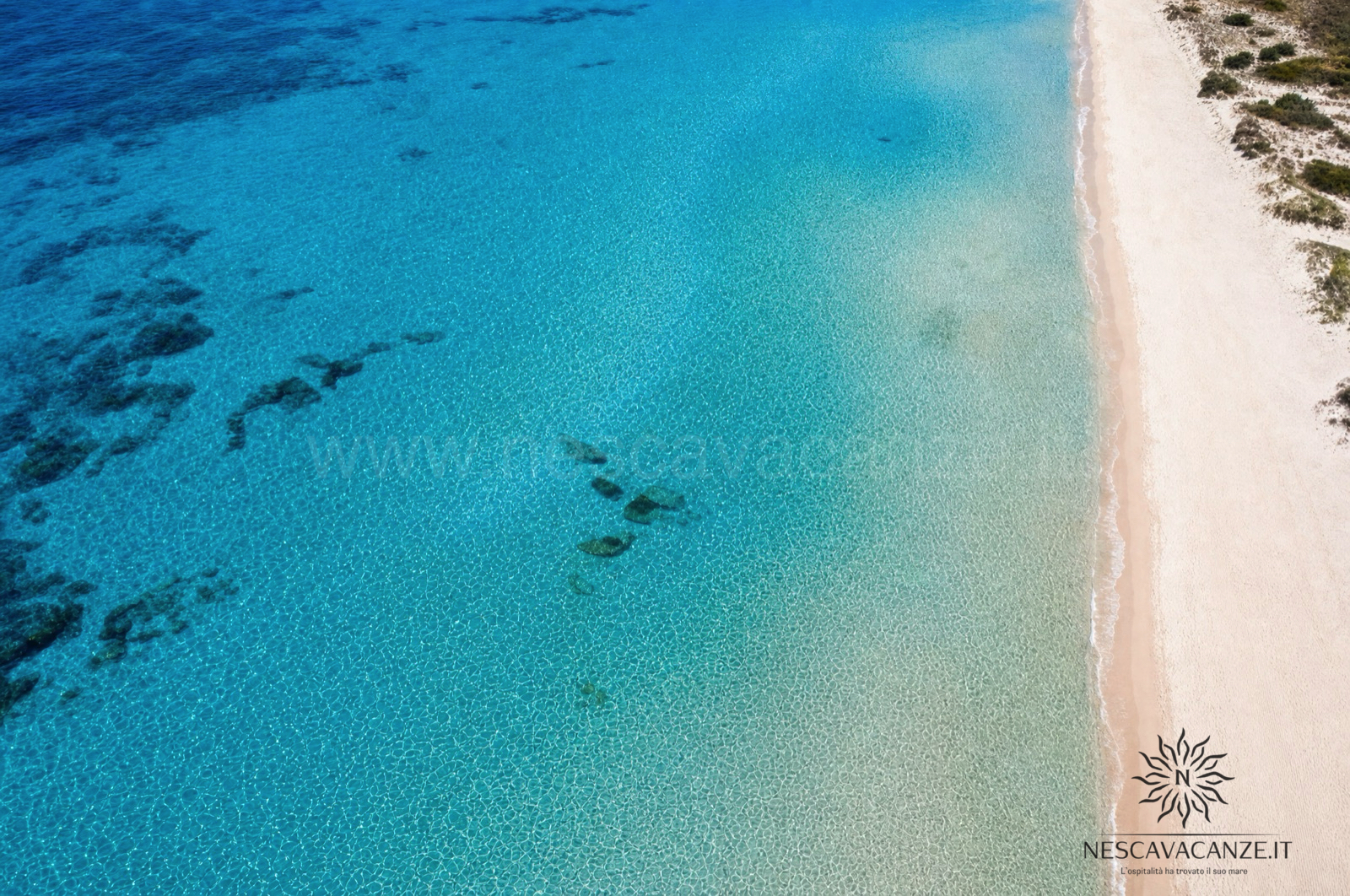 Veduta aerea della spiaggia di sabbia bianca, delle dune e del mare turchese trasparente della costa ionica salentina