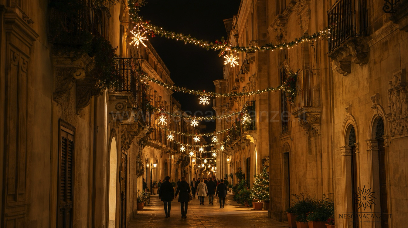 Via barocca di Lecce illuminata da luminarie natalizie a forma di stella con passanti la sera
