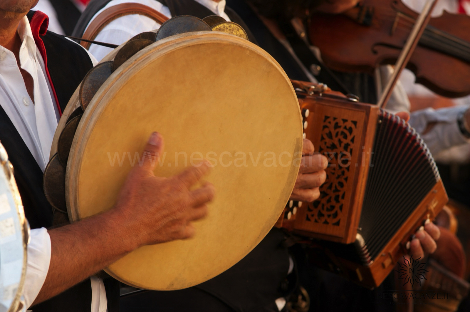 Tamburello, organetto e violino, gli strumenti tradizionali della pizzica salentina, suonati durante una festa