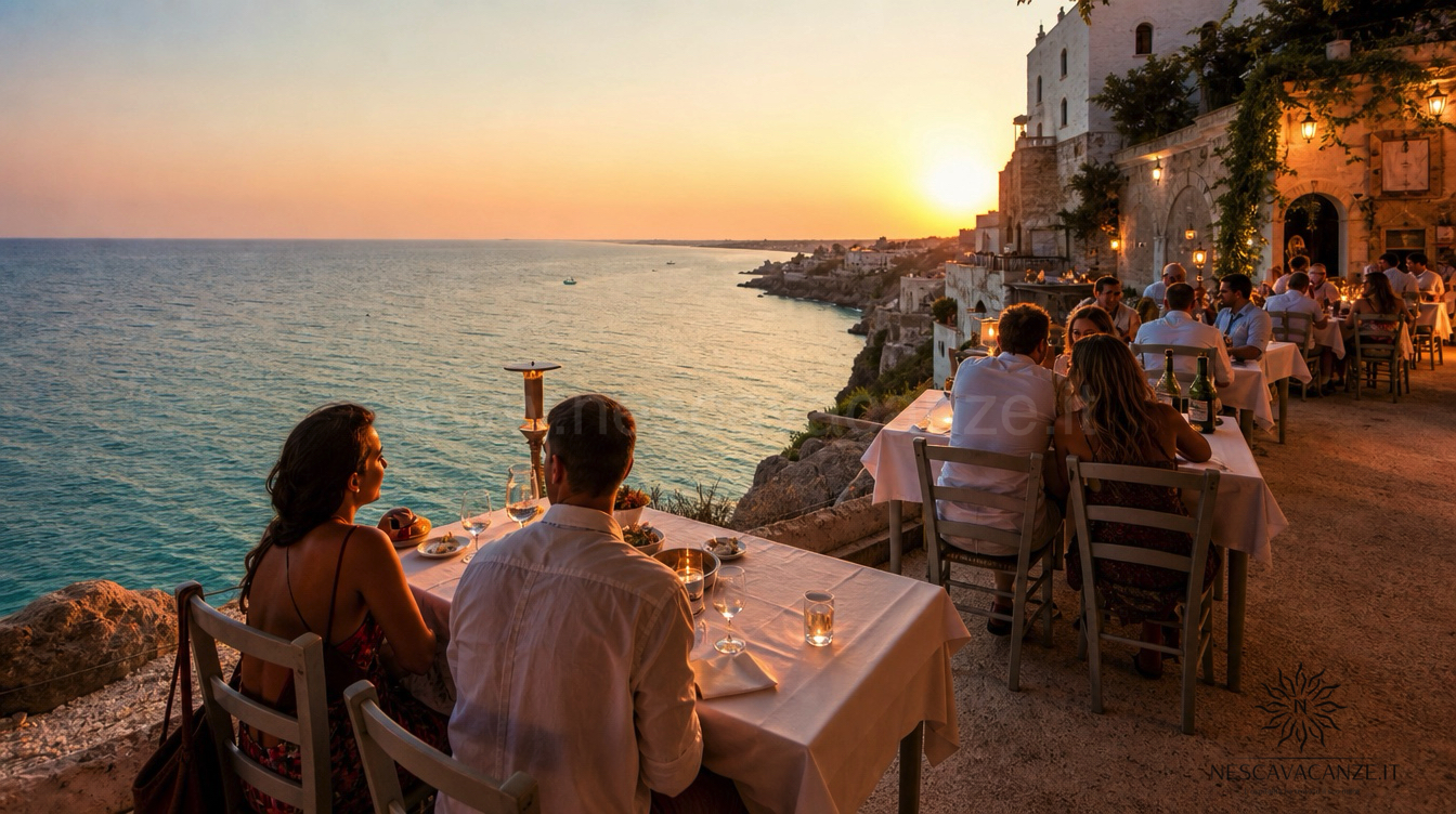 Terrazza di un ristorante a bordo mare a Pescoluse al tramonto, con tavoli apparecchiati affacciati sul mare e clienti a cena