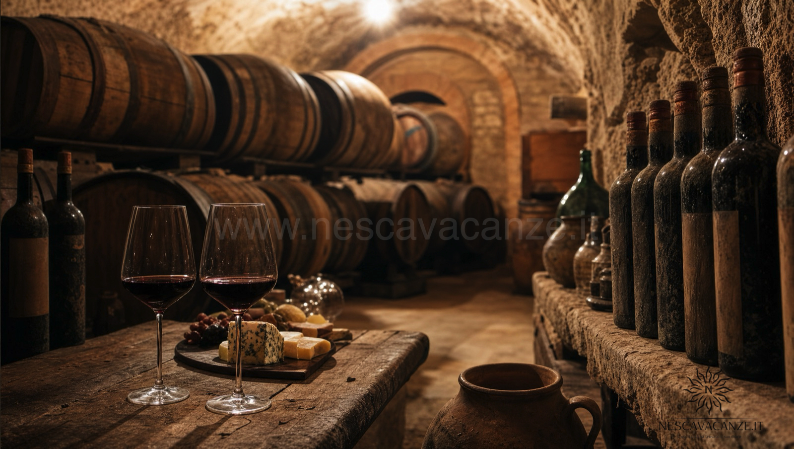 Cantina tradizionale del Salento con botti di legno e bottiglie, due calici di vino rosso su un tavolo rustico, durante una degustazione
