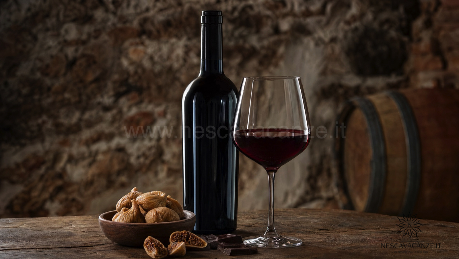 Bottiglia e calice di Primitivo di Manduria, vino rosso rubino intenso, su un tavolo di legno con fichi secchi e cioccolato fondente, parete in pietra di una cantina sullo sfondo
