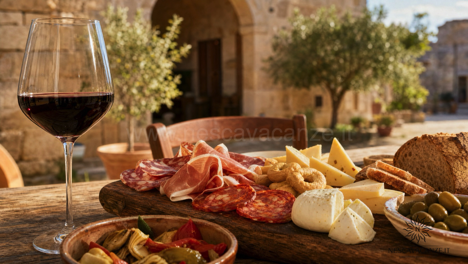 Calice di vino rosso accanto a un tagliere di formaggi, salumi, taralli e pane casereccio nel cortile di una masseria salentina